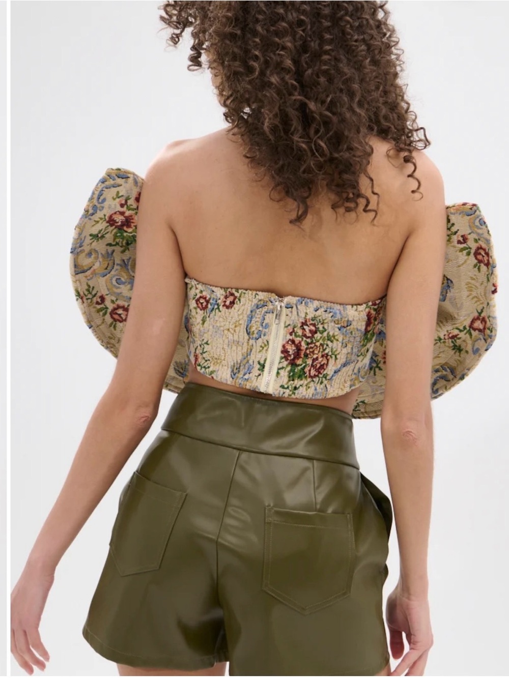 AKIRA Off-Shoulder Floral Ruffle Crop Top in Cream, Blue & Green - Picture 4 of 6